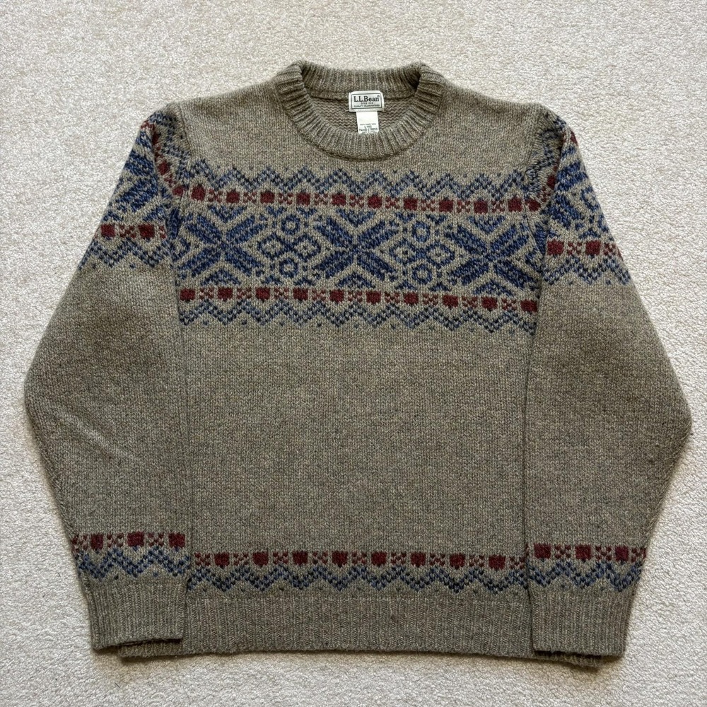 L.L.Bean Sweater Mens Large Gray Lambswool Fair Isle Knit Crewneck Heavyweight